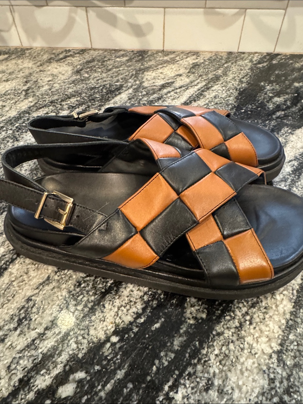 ALOHAS Black and Tan Woven Leather Slingback Sandals - Picture 5 of 13